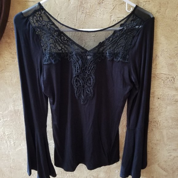 VENUS Lace and Mesh Top with Bell Sleeves - Picture 1 of 12